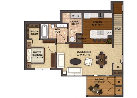 Floor plan for 1 bed, 1 bath, 948 sqft